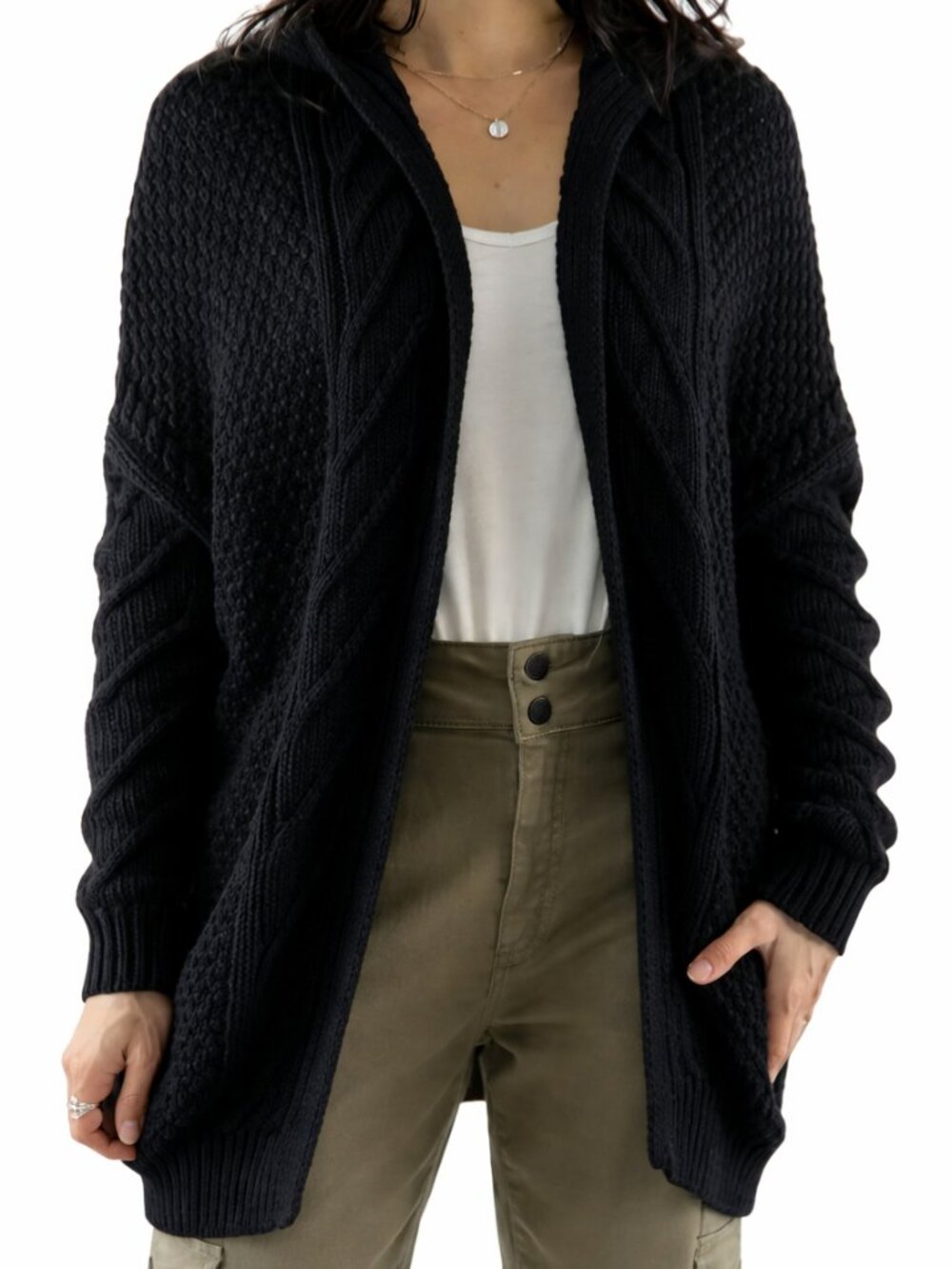 JACKSON ROWE Pluto Cardigan Sweater Chunky Cable Knit Hood Oversize Blk Women XL